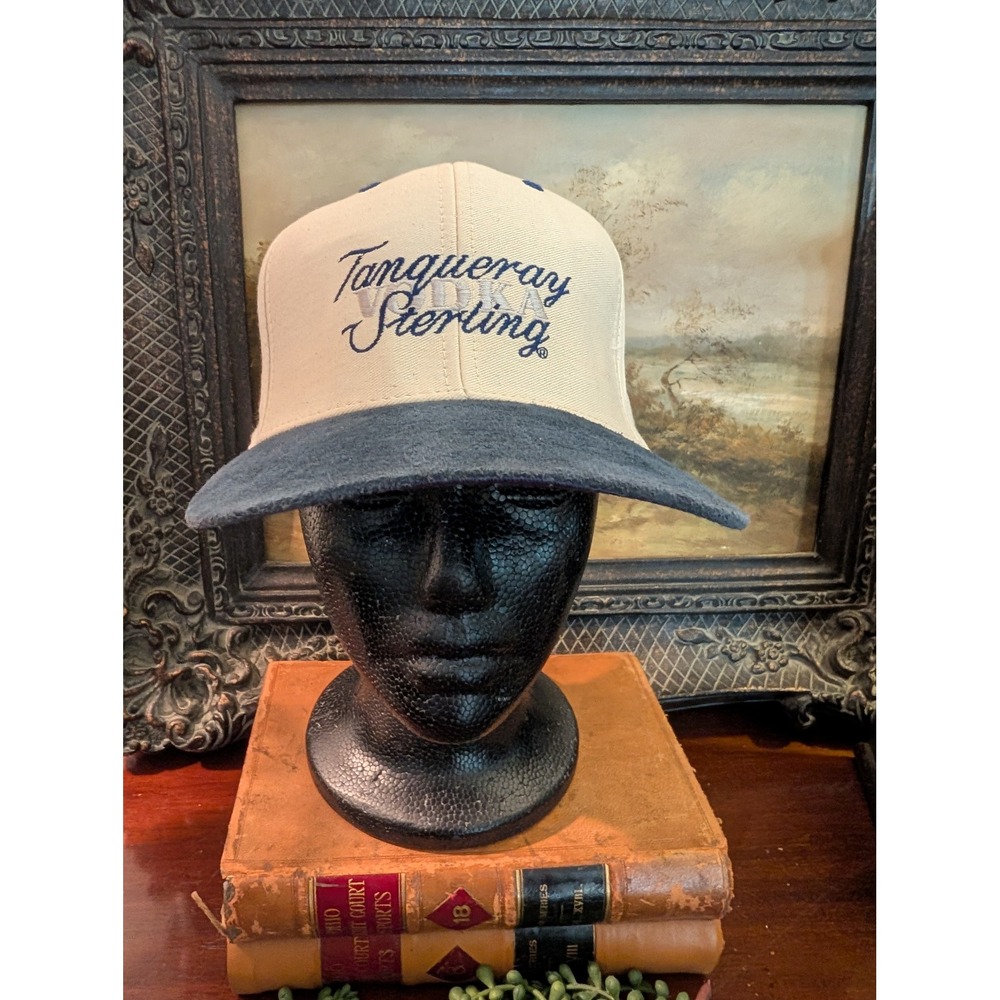 Vintage Tanqueray Sterling Vodka Snapback Hat Cream Navy Blue Suede Brim Cap